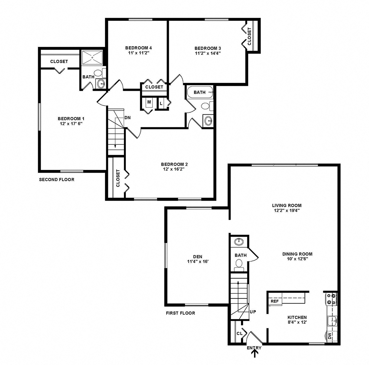 Floor plan for 4 beds, 2.5 baths, 1400 sqft